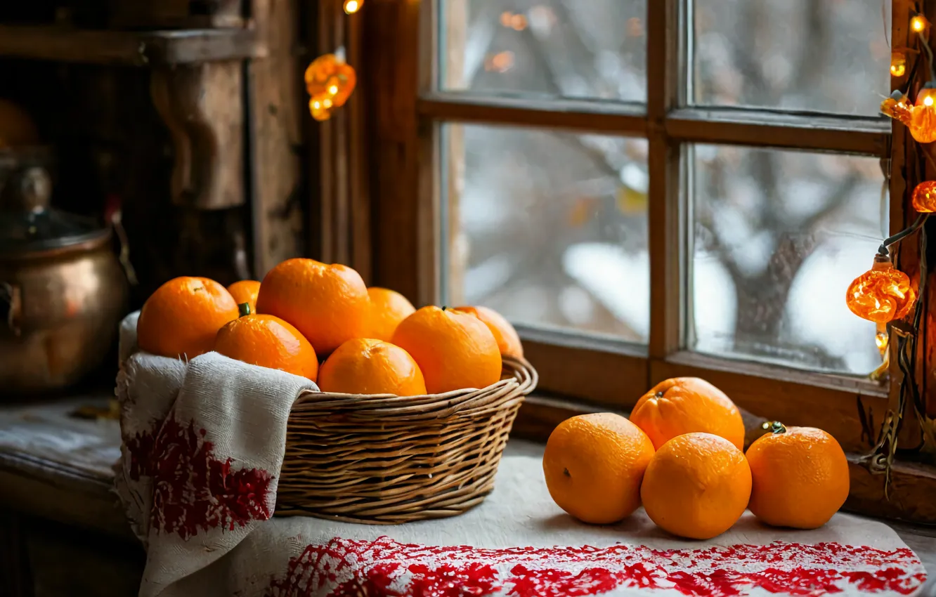 Photo wallpaper winter, new year, orange, hut, tangerines
