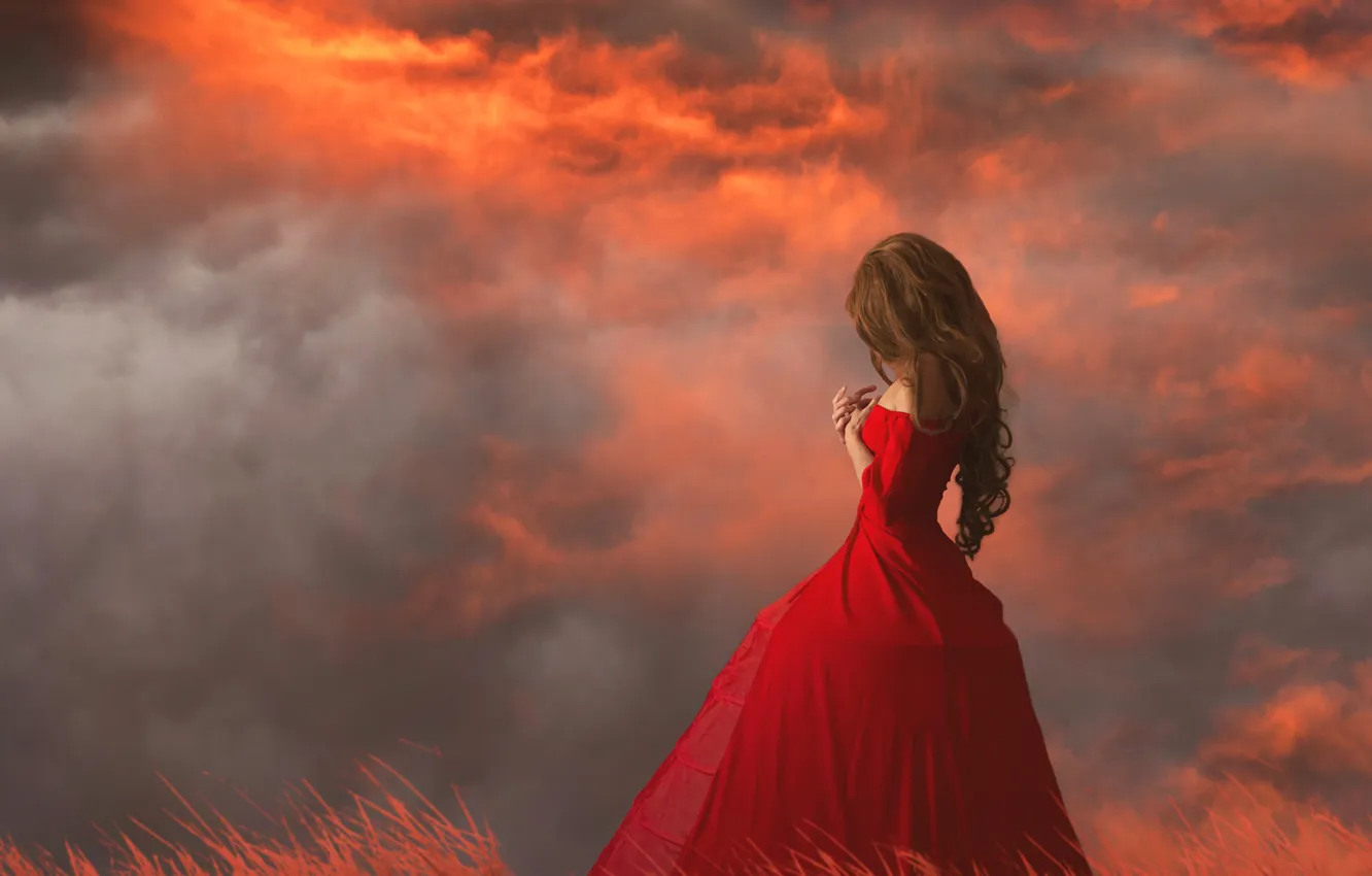 Photo wallpaper field, grass, girl, clouds, sunset, nature, pose, brown hair