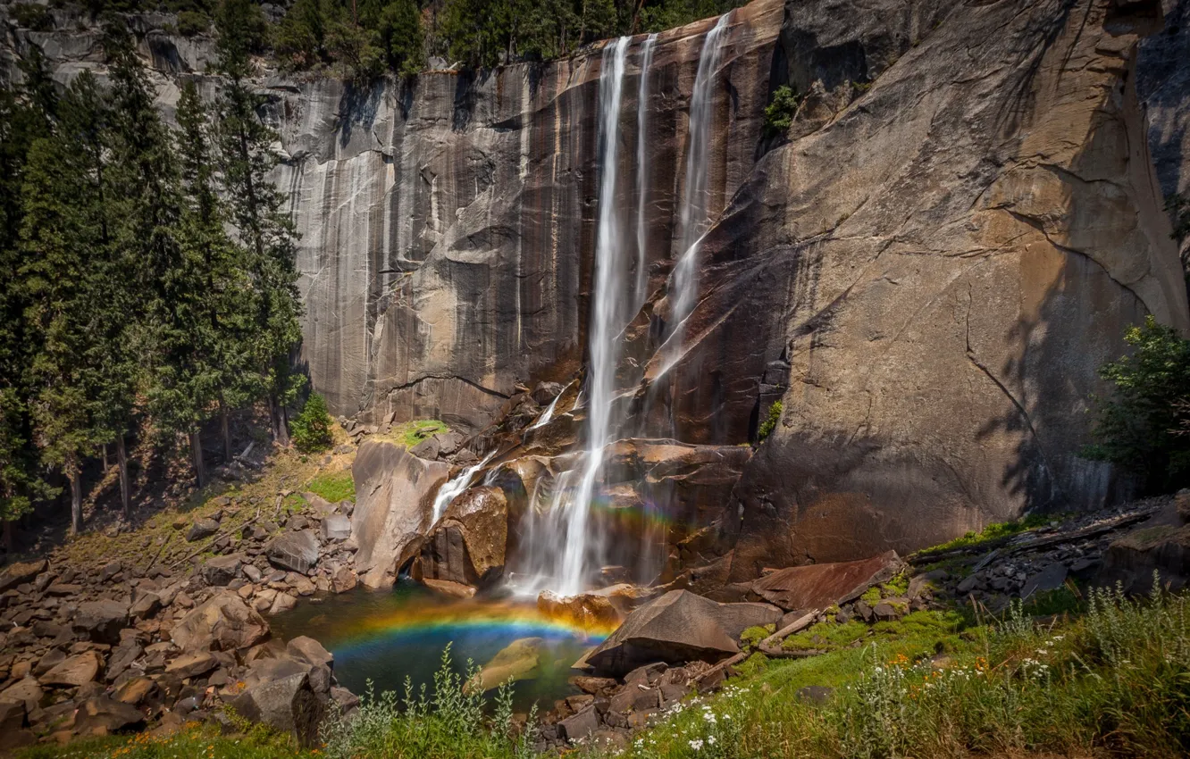Photo wallpaper mountains, nature, waterfall, rainbow, national Park