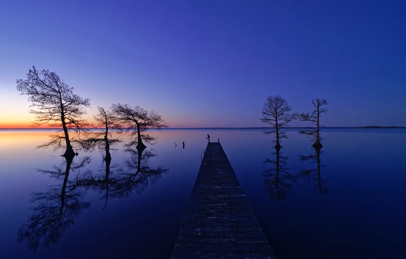 Photo wallpaper trees, lake, reflection, pier, horizon, Waiting