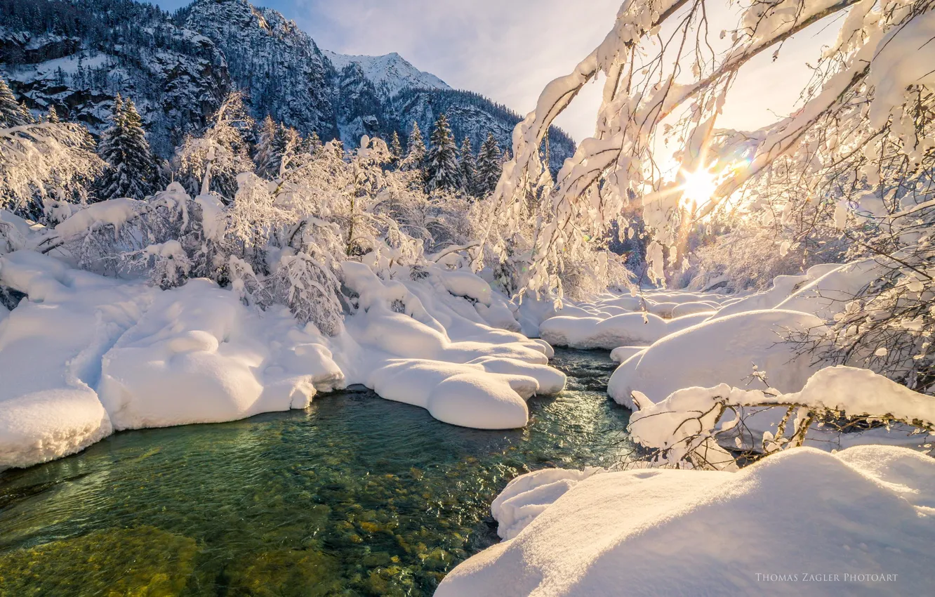 Photo wallpaper winter, forest, water, the sun, snow, trees, river, stream