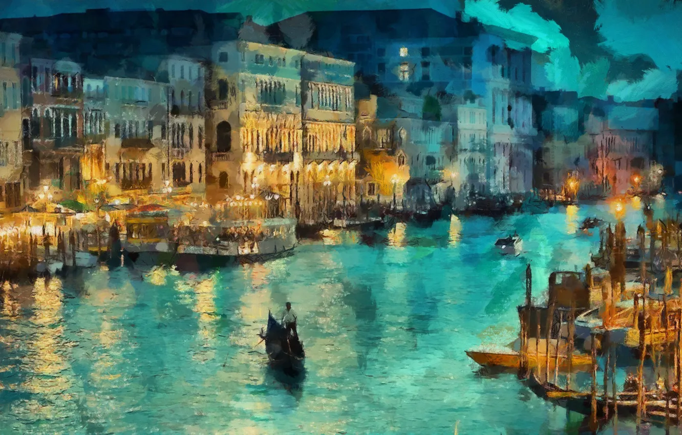 Photo wallpaper light, night, lights, home, boats, art, Italy, Venice