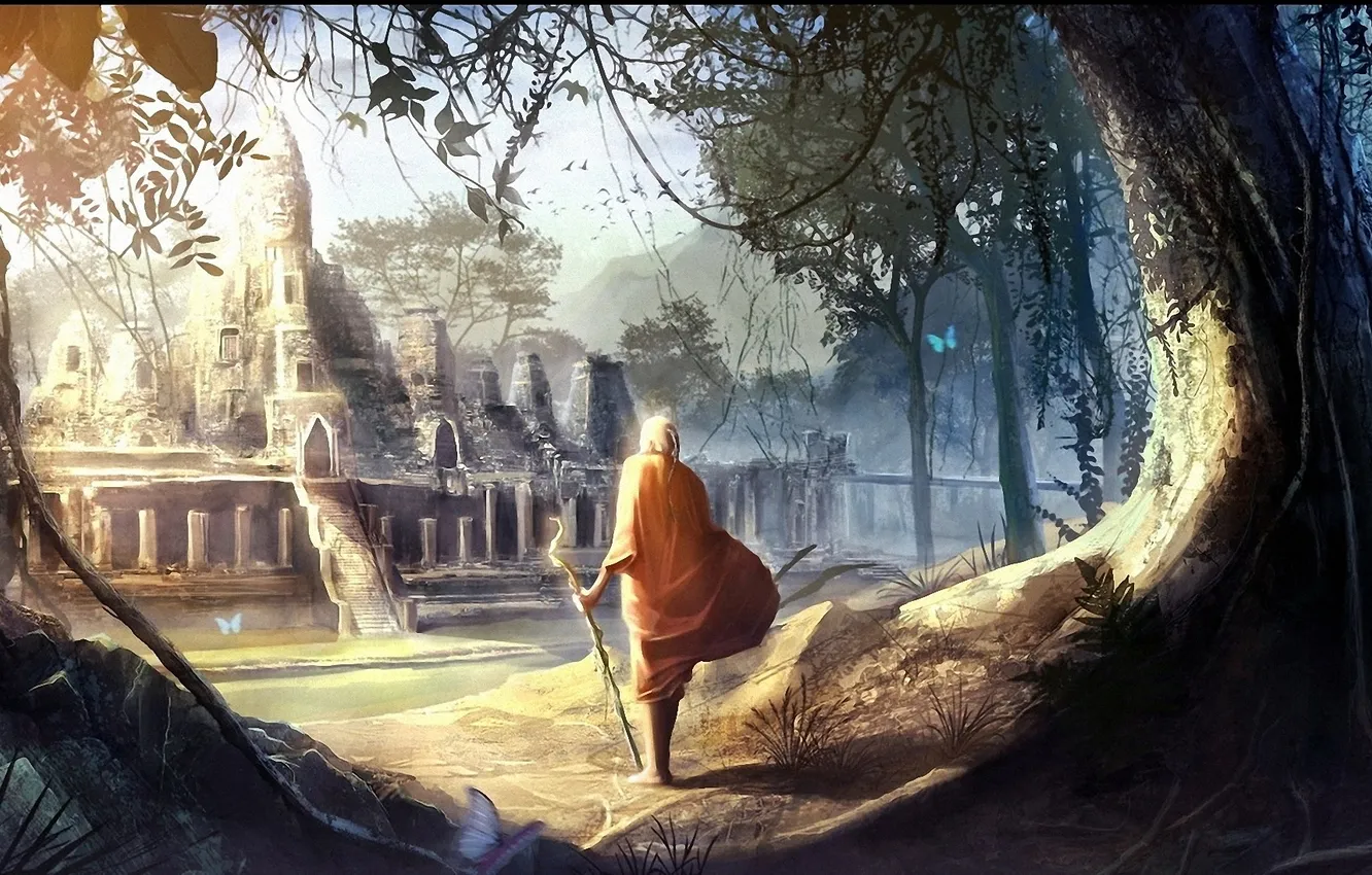 Photo wallpaper trees, castle, butterfly, art, traveler, vines