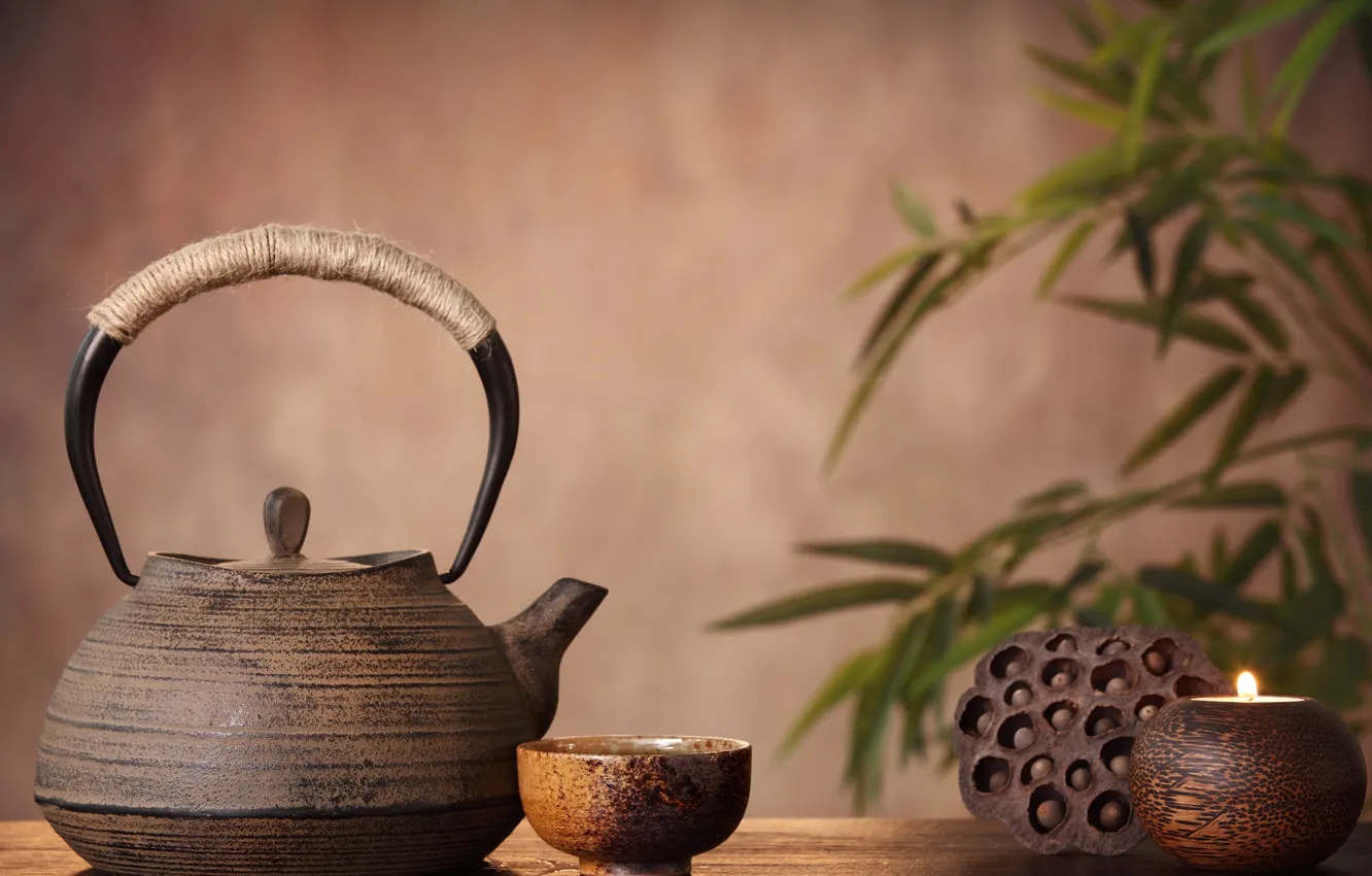 Photo wallpaper kettle, Lotus, Cup, leaf, saucer