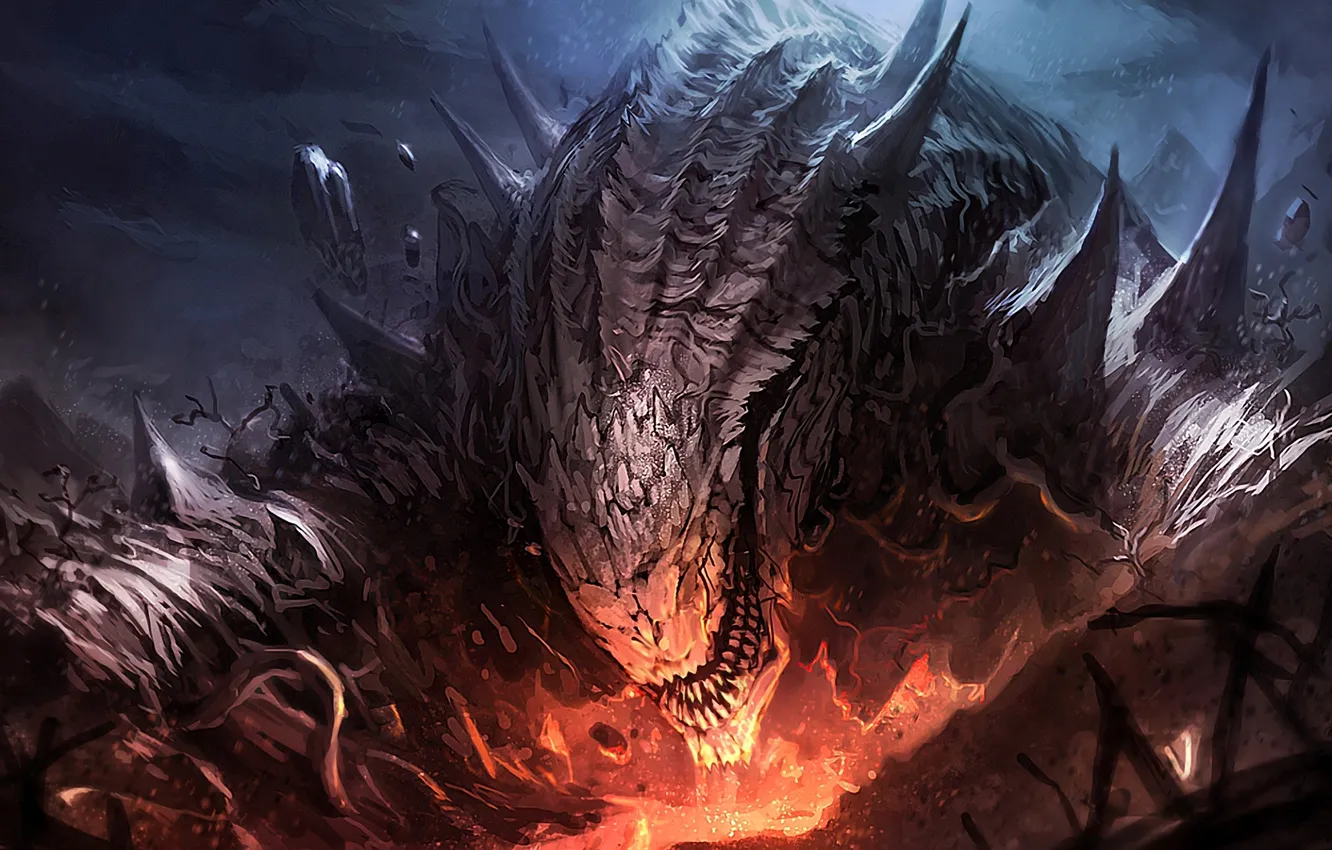 Photo wallpaper fire, mountain, creature, flakes