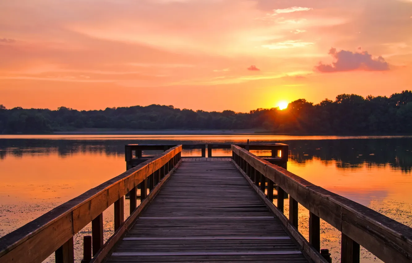 Photo wallpaper landscape, sunset, bridge, lake