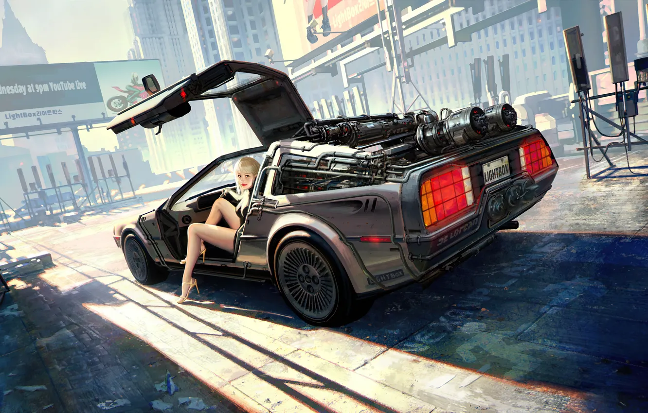 Photo wallpaper road, machine, girl, the city, DeLorean DMC-12, DeLorean