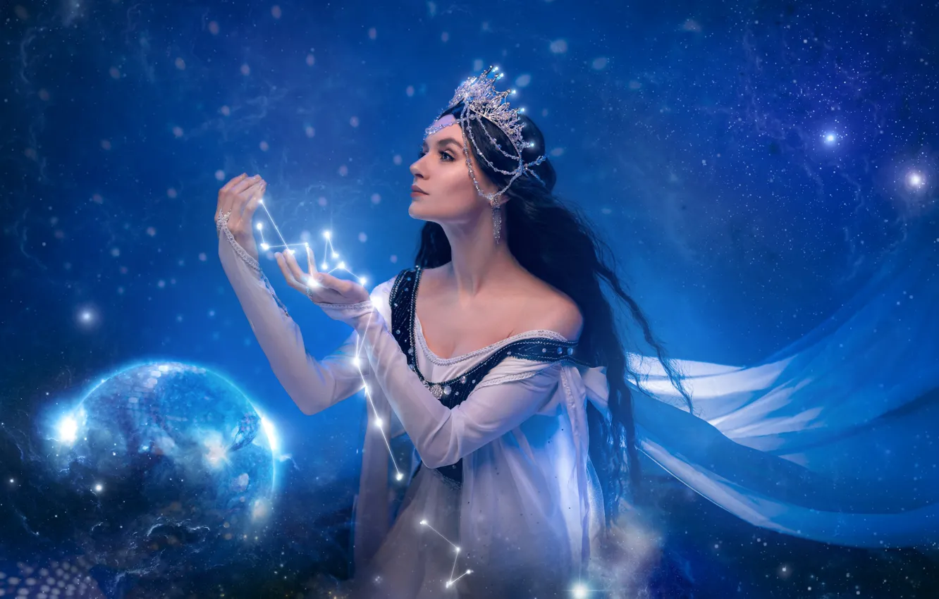 Photo wallpaper look, girl, decoration, style, crown, makeup, dress, brunette