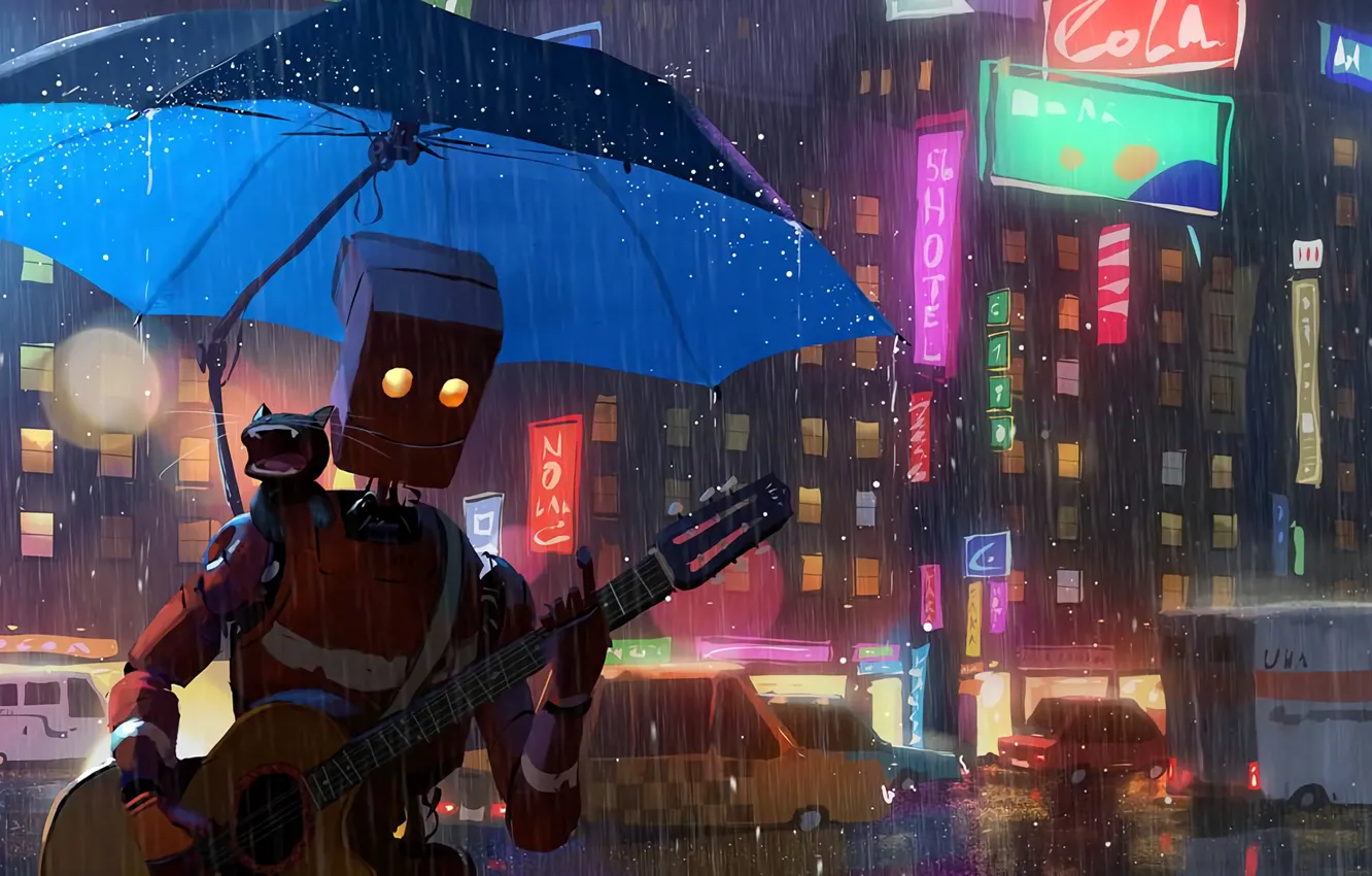 Photo wallpaper city, guitar, fantasy, robot, rain, cars, umbrella, cat