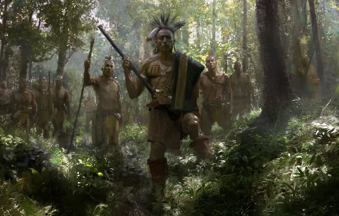 Photo wallpaper The game, Trees, Forest, The Indians, Warriors, Age of Empires III