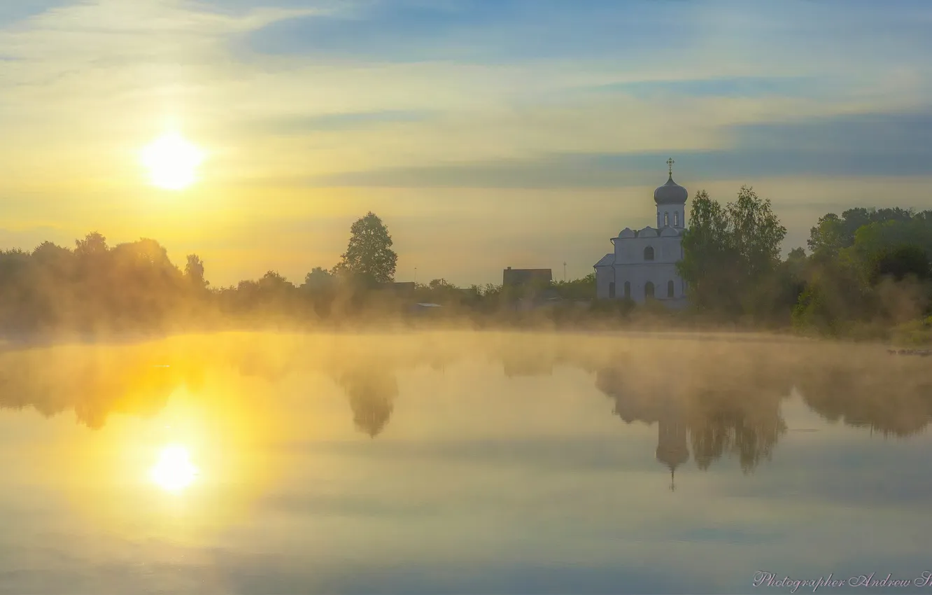 Photo wallpaper the sky, fog, river, dawn, temple