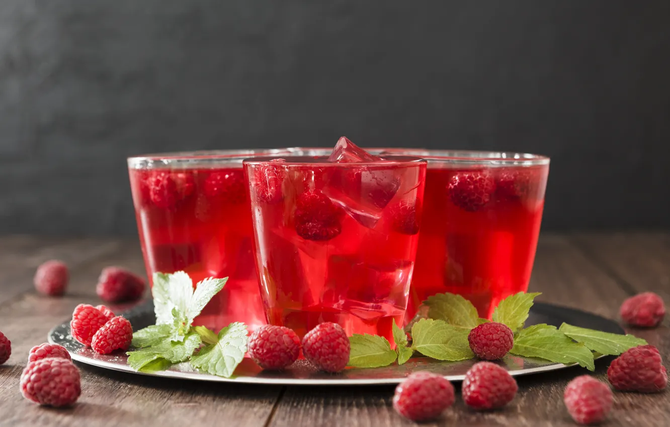 Photo wallpaper berries, raspberry, ice, drink, mint, lemonade