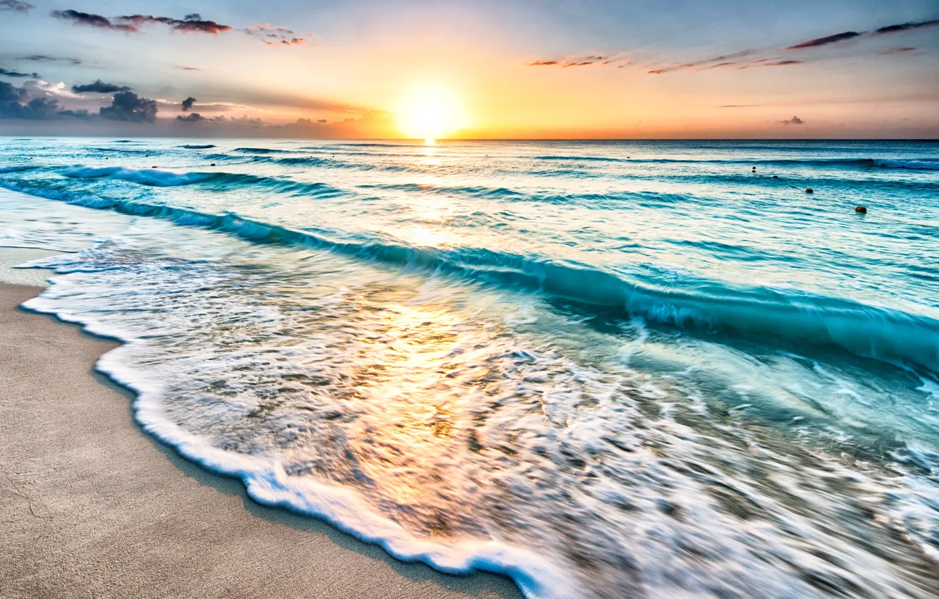 Photo wallpaper sand, sea, the sun, dawn, shore, horizon, Mexico, surf