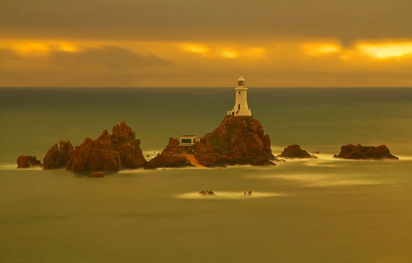 Photo wallpaper sea, clouds, rock, lighthouse, island