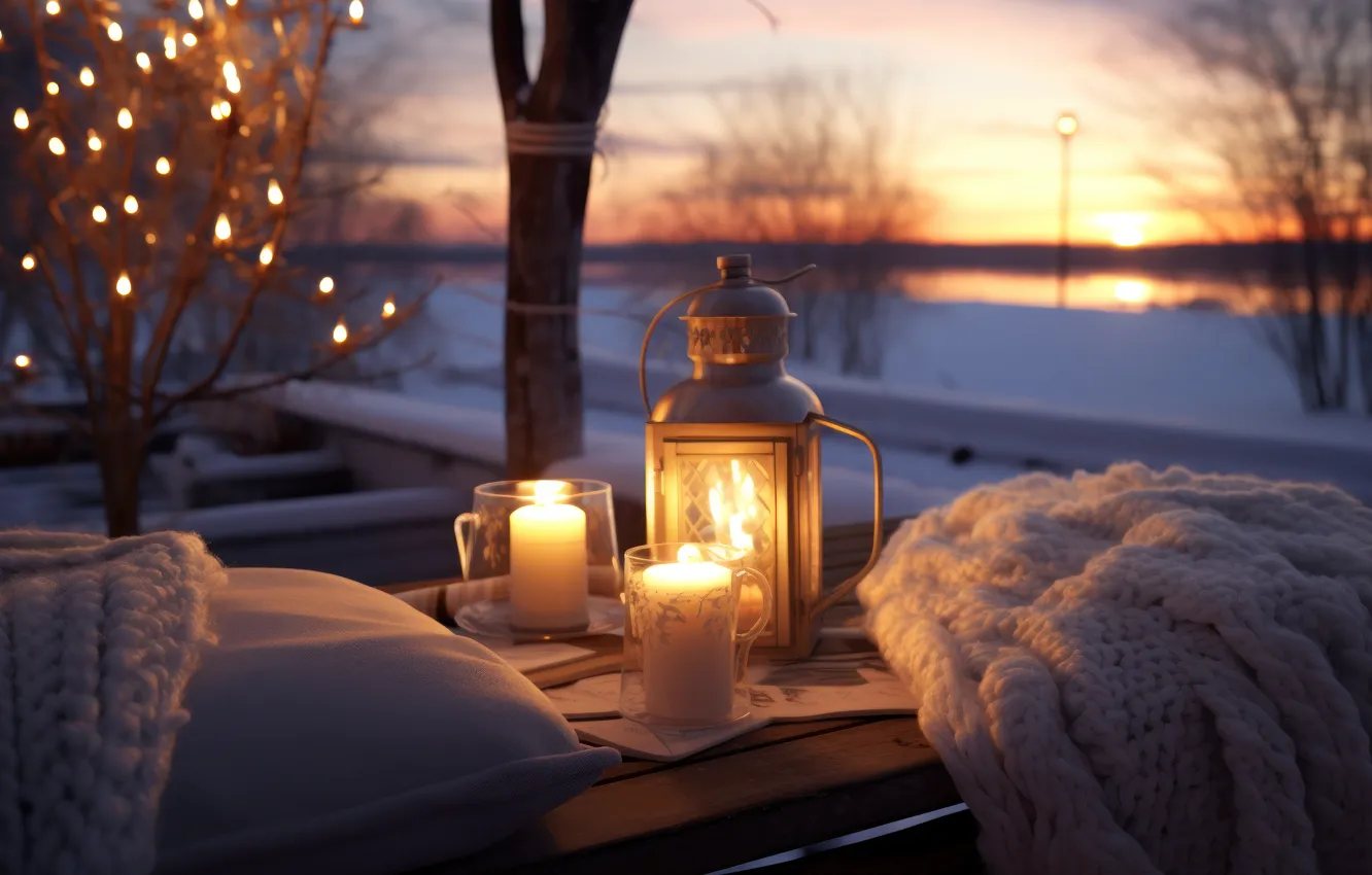 Photo wallpaper comfort, heat, room, furniture, new year, interior, pillow, candles