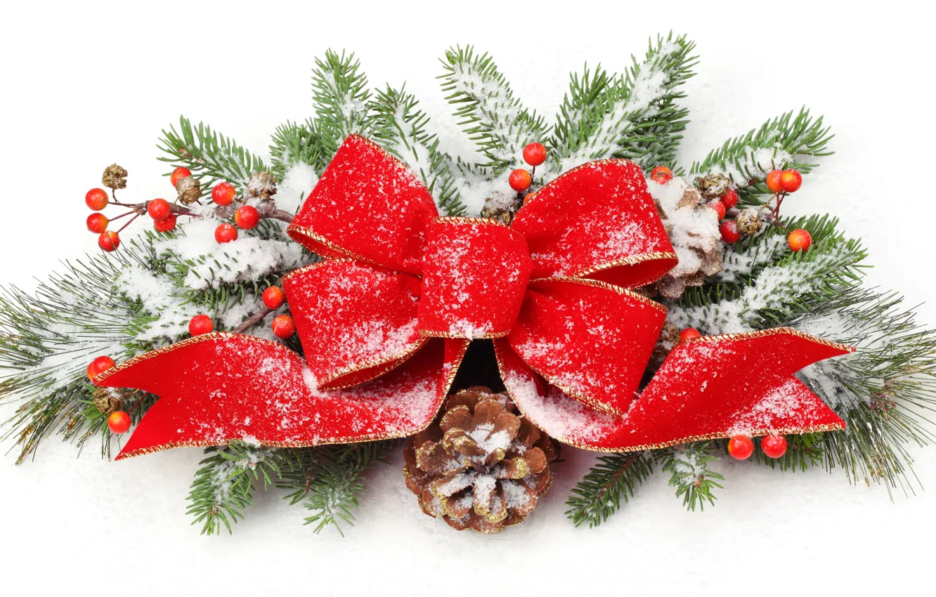 Photo wallpaper snow, decoration, branches, red, holiday, new year, tape, white background