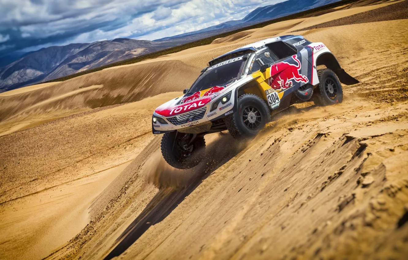 Photo wallpaper Sand, Sport, Machine, Speed, Race, Hills, Peugeot, Red Bull