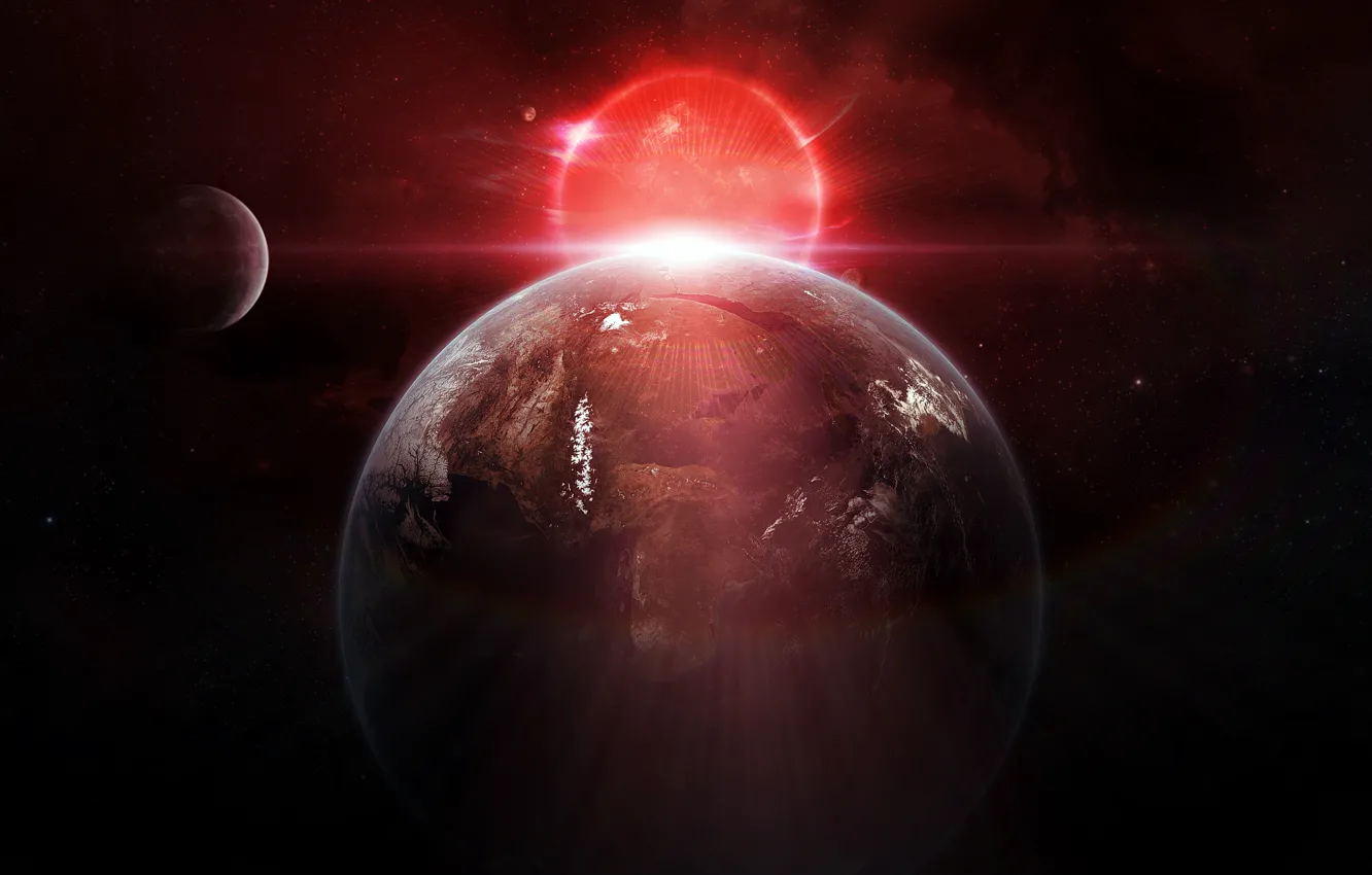 Photo wallpaper stars, light, lights, sunrise, planet, satellite