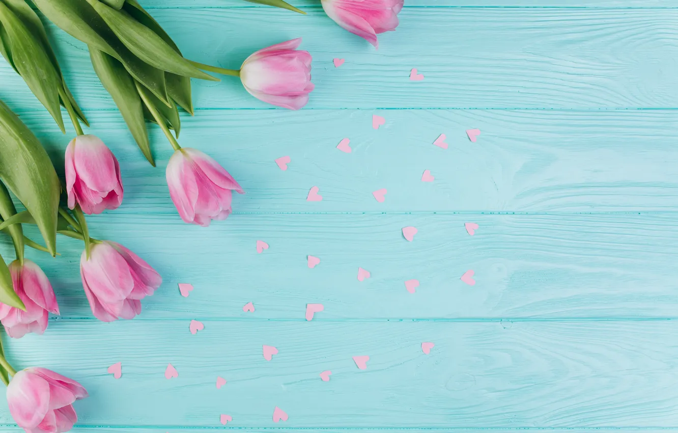 Photo wallpaper flowers, tulips, pink, fresh, wood, pink, flowers, beautiful