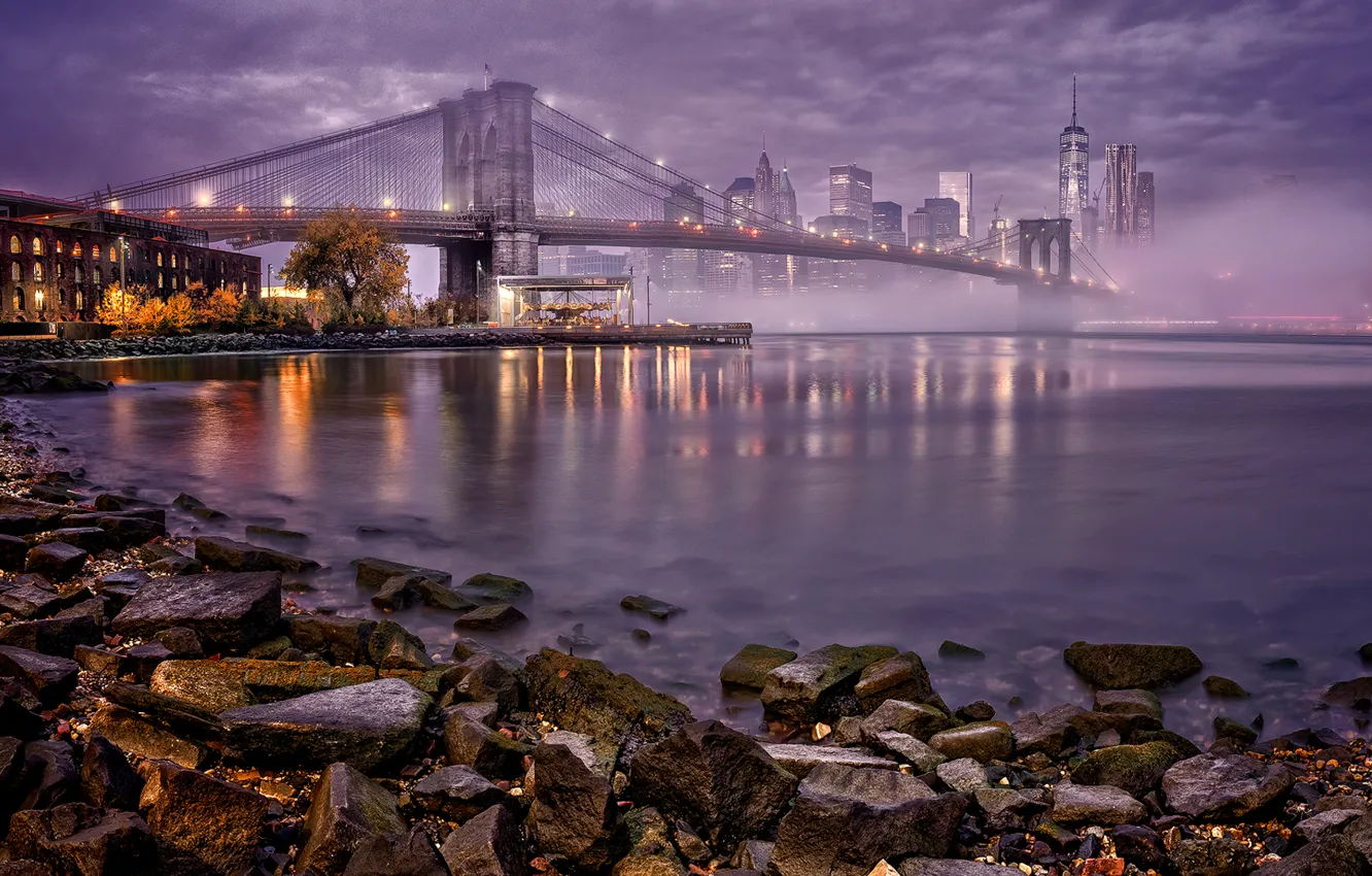 Photo wallpaper night, bridge, lights, fog, river, home, New York, Bay