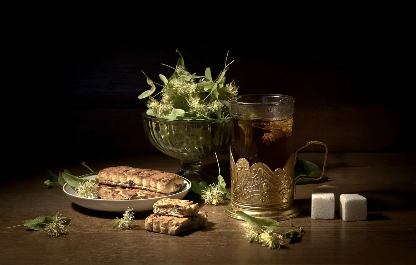 Photo wallpaper glass, tea, cookies, sugar, Linden