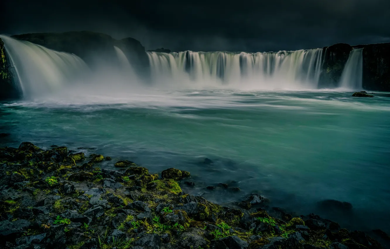 Photo wallpaper shore, waterfall, pond