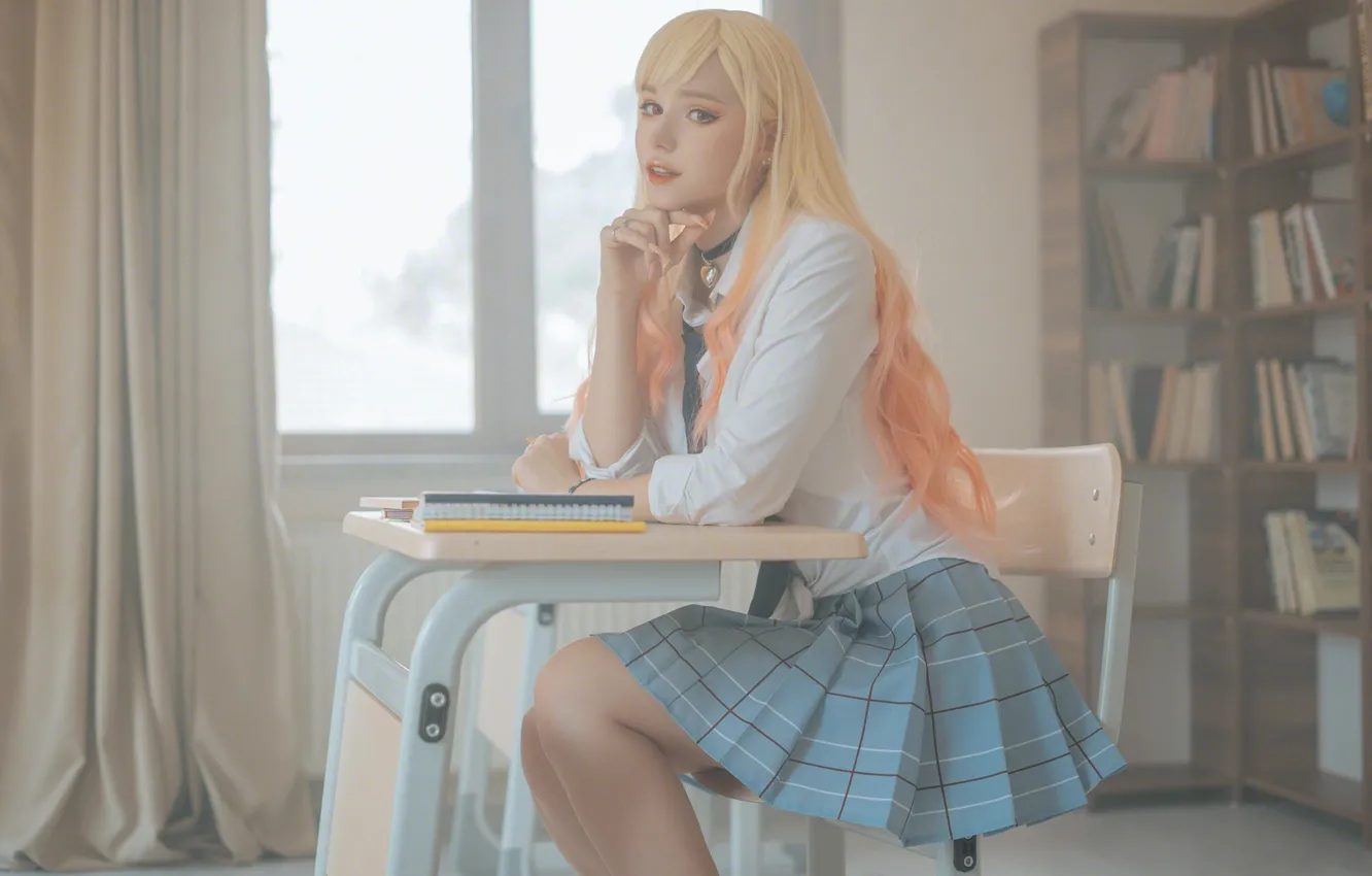 Photo wallpaper long hair, model, women, cosplay, blonde, indoors, Schoolgirl, women indoors