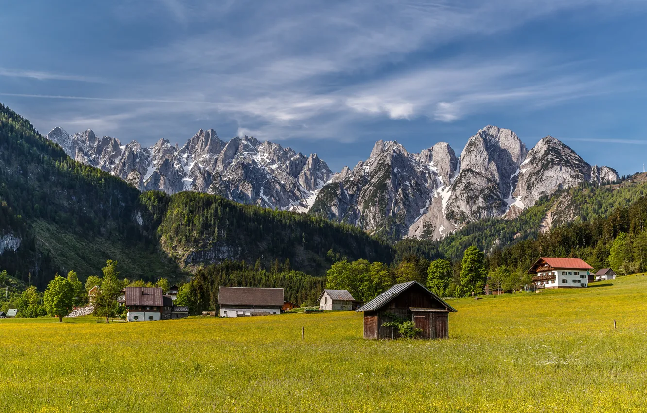 Photo wallpaper mountains, home, Austria, valley, village, Alps, meadow, houses