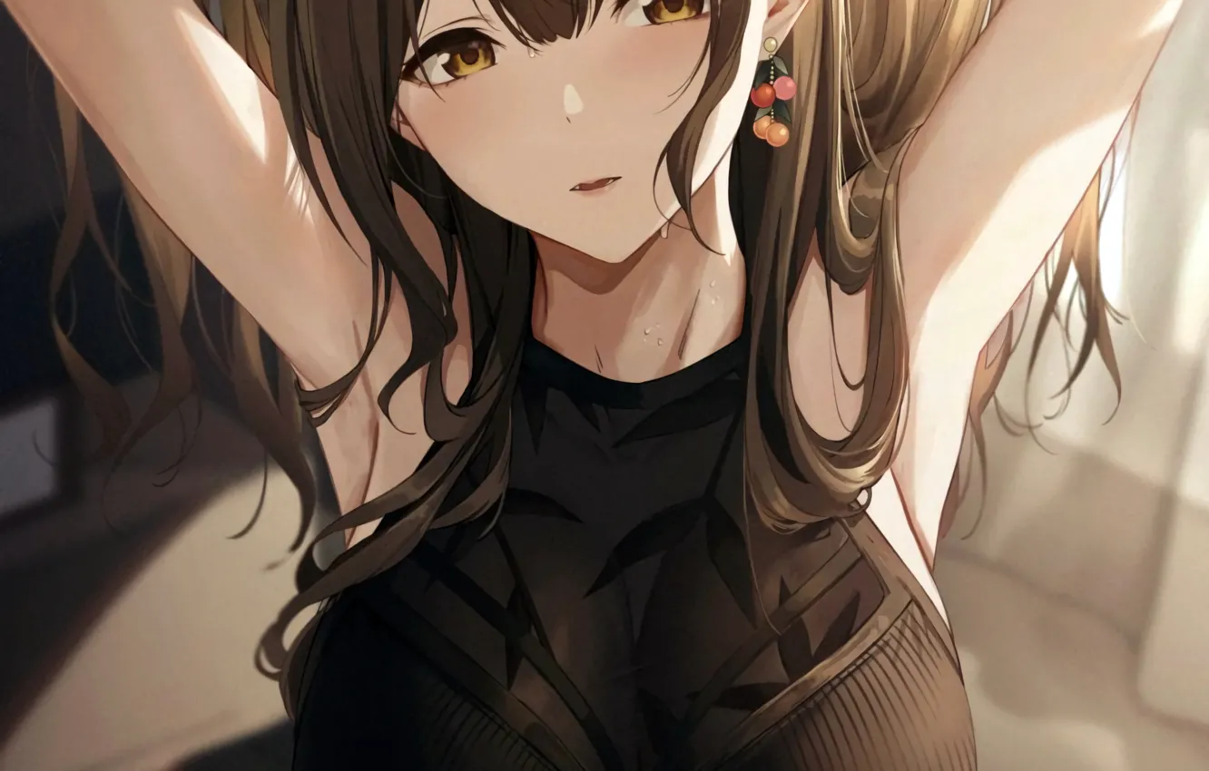 Photo wallpaper girl, sexy, blouse, long hair, brown hair, brown eyes, boobs, anime