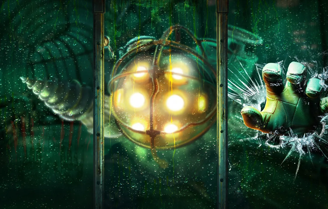 Photo wallpaper glass, cracked, the game, hands, art, bioshock, big daddy
