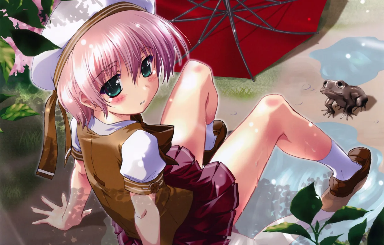 Photo wallpaper girl, frog, umbrella, puddle, sitting, school uniform, art, dampness