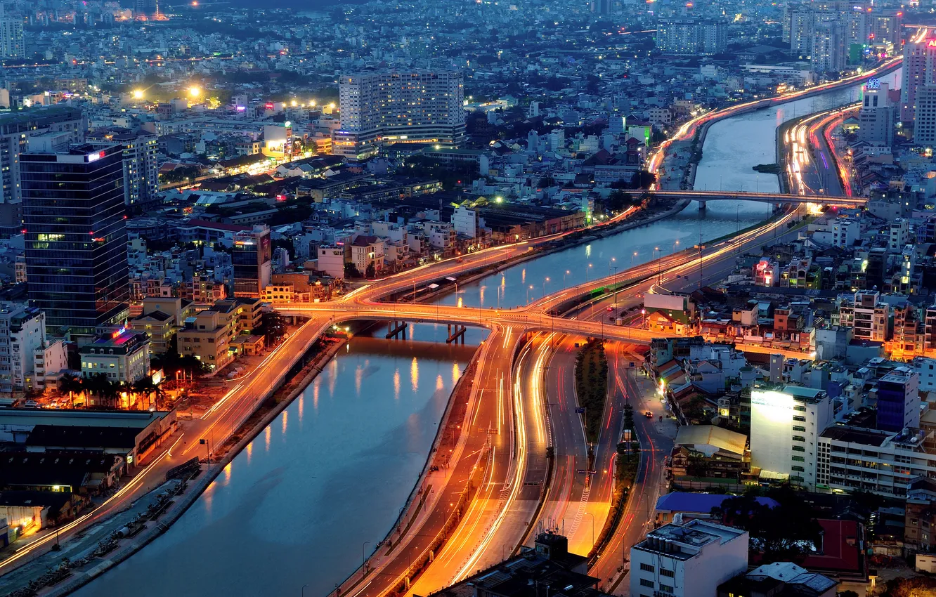 Photo wallpaper river, building, Vietnam, bridges, night city, Vietnam, Saigon, Ho Chi Minh city