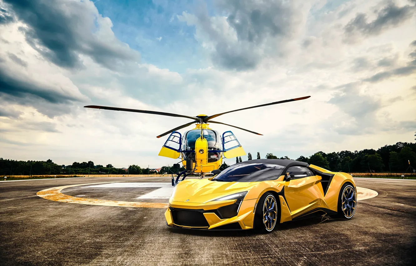 Photo wallpaper Auto, Yellow, Machine, Helicopter, Rendering, Supercar, Concept Art, Sports car