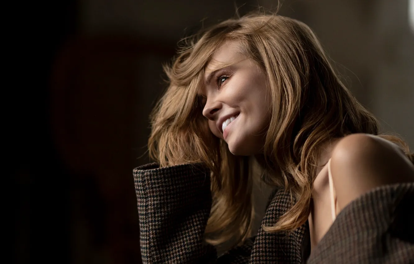 Photo wallpaper look, girl, smile, model, hair, blonde, shoulders, Anastasia Shcheglova