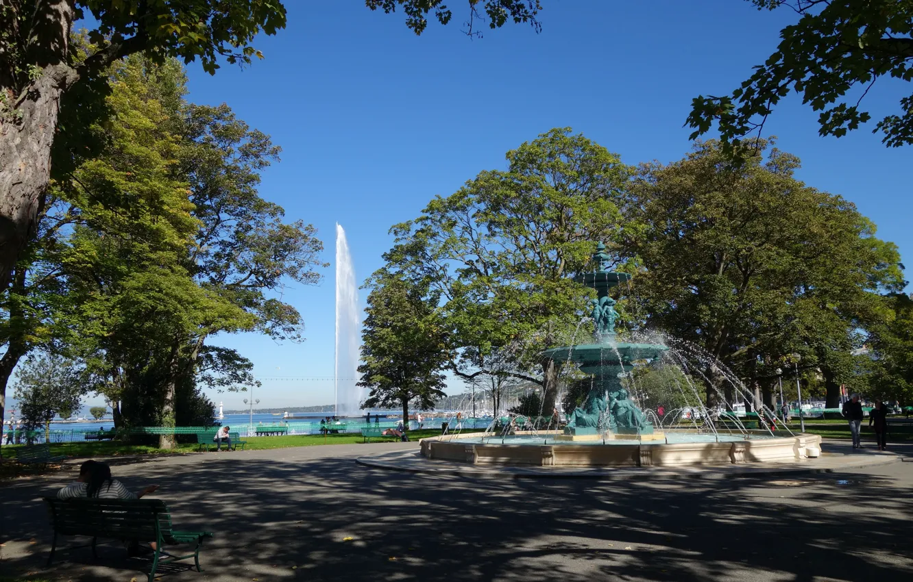 Photo wallpaper europa, Switzerland, Lac Leman, Geneva, Lake Geneva, Fountain, Fountain