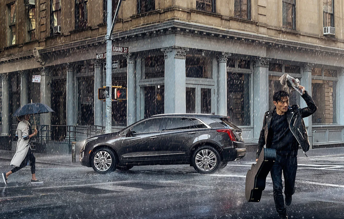 Photo wallpaper auto, people, rain, The city, the shower, Cadillac-XT5-Platinum.