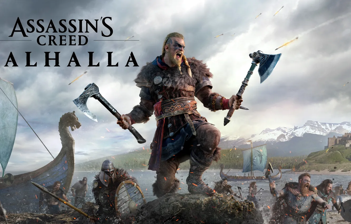 Photo wallpaper castle, axe, the game, warrior, axe, games, Viking, The Vikings