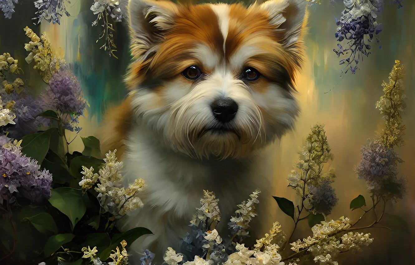 Photo wallpaper look, flowers, branches, nature, portrait, dog, spring, garden