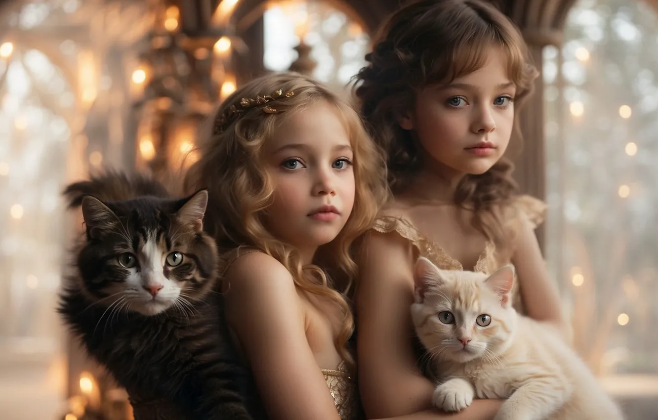 Photo wallpaper cat, children, girl, AI art, neural network