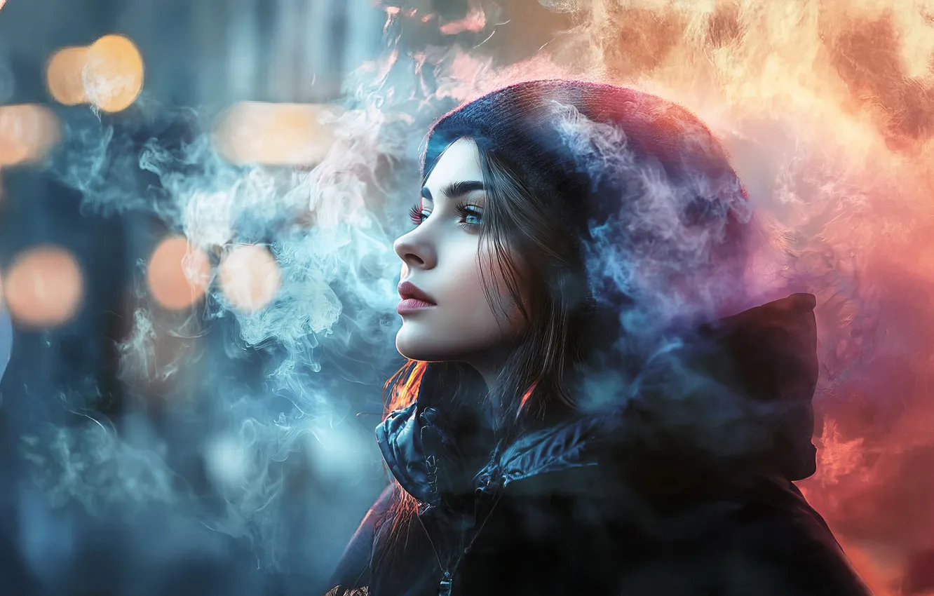 Photo wallpaper autumn, look, girl, the city, lights, fog, street, smoke