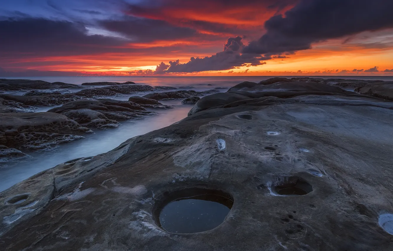 Photo wallpaper sea, clouds, sunset, clouds, stones, shore, dal, the evening