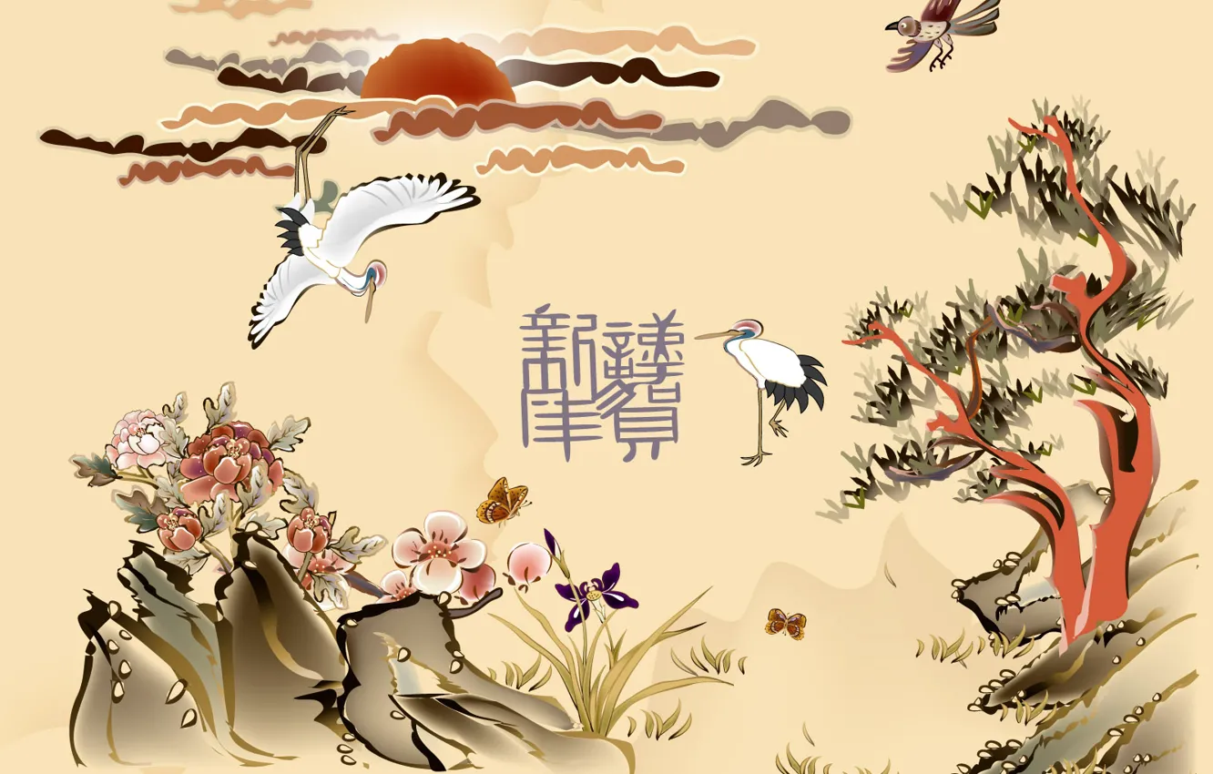 Photo wallpaper the sun, trees, flowers, birds, characters, Chinese motifs