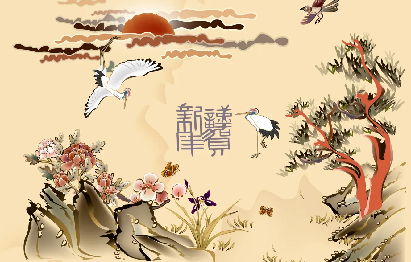 Photo wallpaper the sun, trees, flowers, bird, characters, Chinese motifs