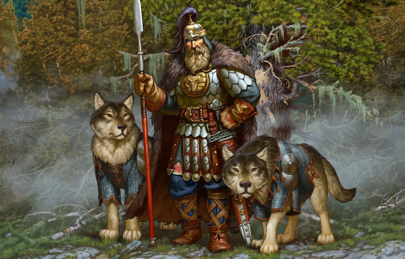 Photo wallpaper forest, weapons, dog, armor, warrior, hero