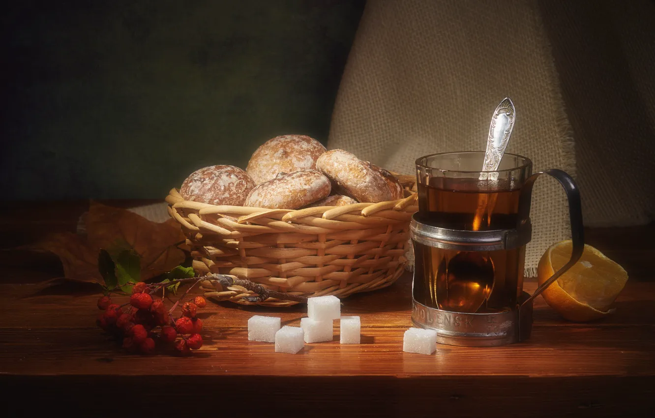 Photo wallpaper autumn, light, glass, style, retro, the dark background, table, lemon