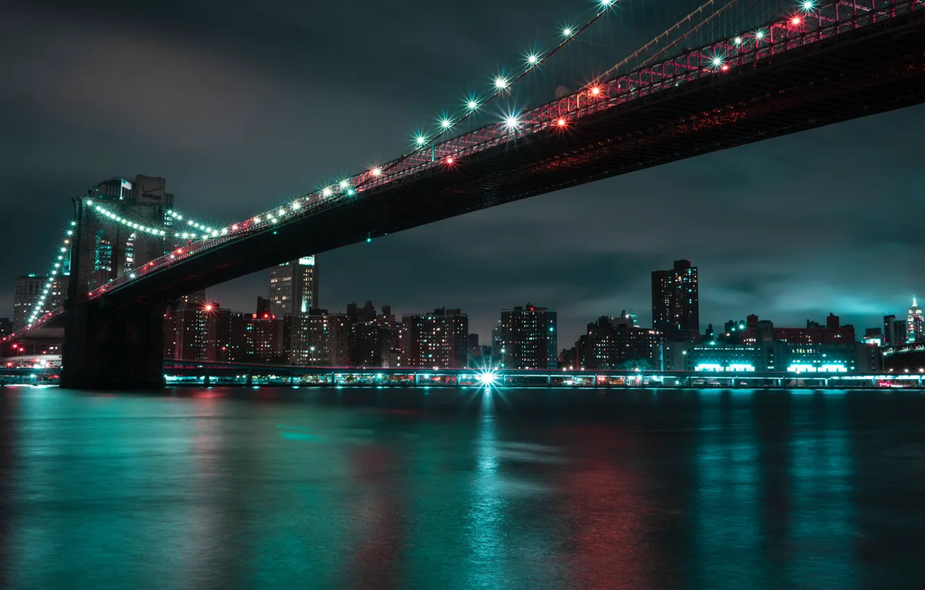 Photo wallpaper night, bridge, the city, photo, Wallpaper, Brooklyn bridge, saver, the urban landscape