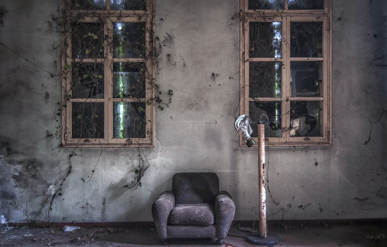 Photo wallpaper chair, window, gas mask