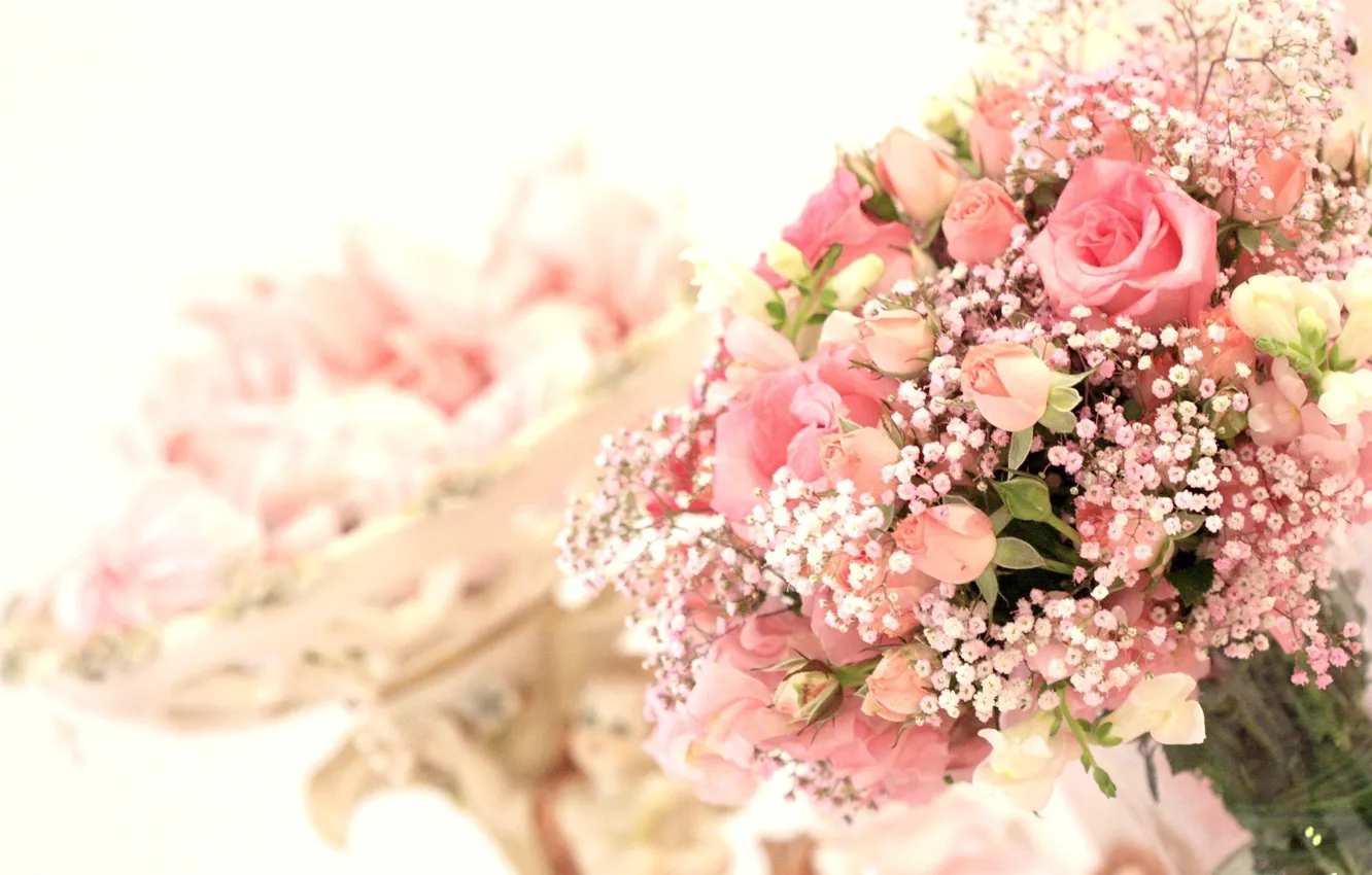 Photo wallpaper flowers, roses, bouquet, gypsophila, snapdragons