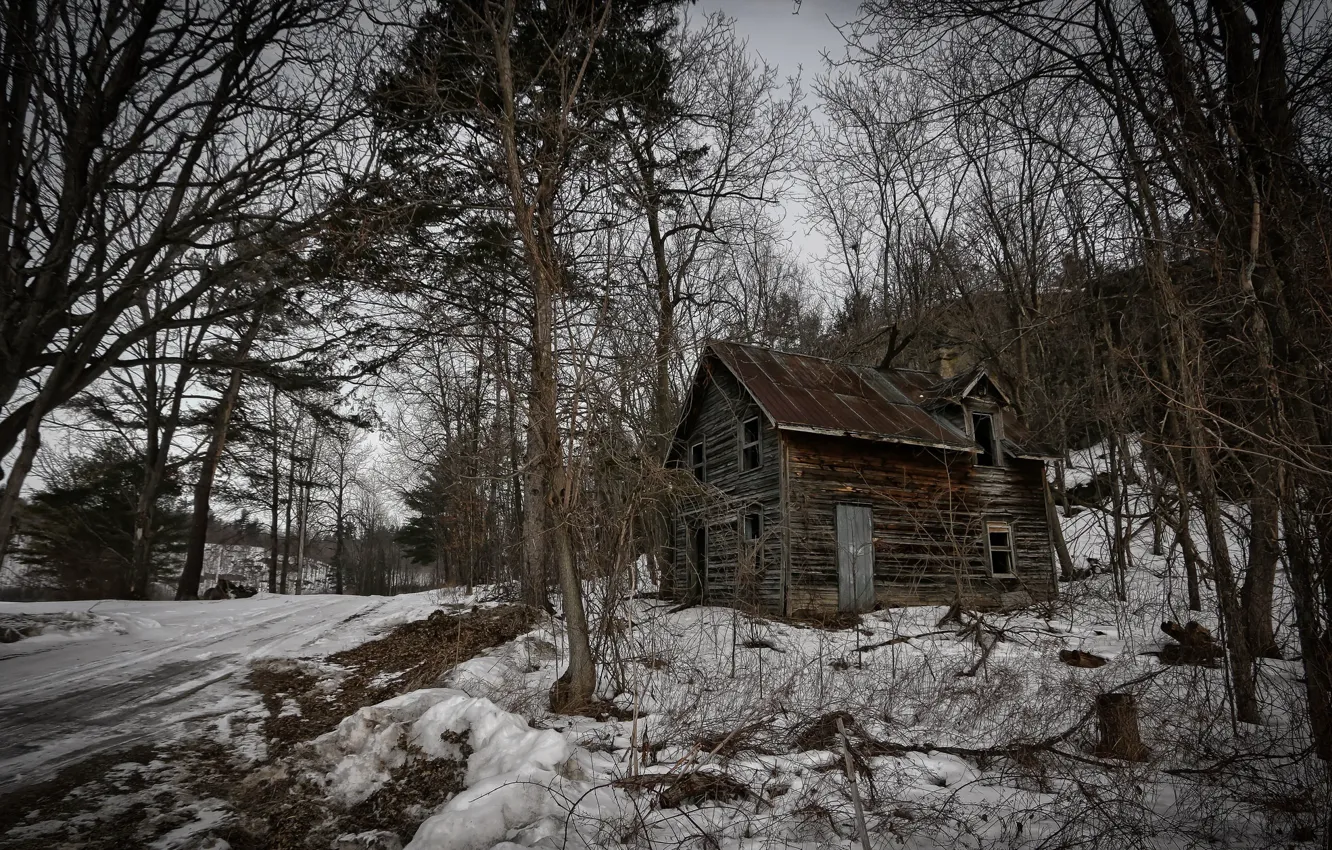 Photo wallpaper winter, road, forest, house