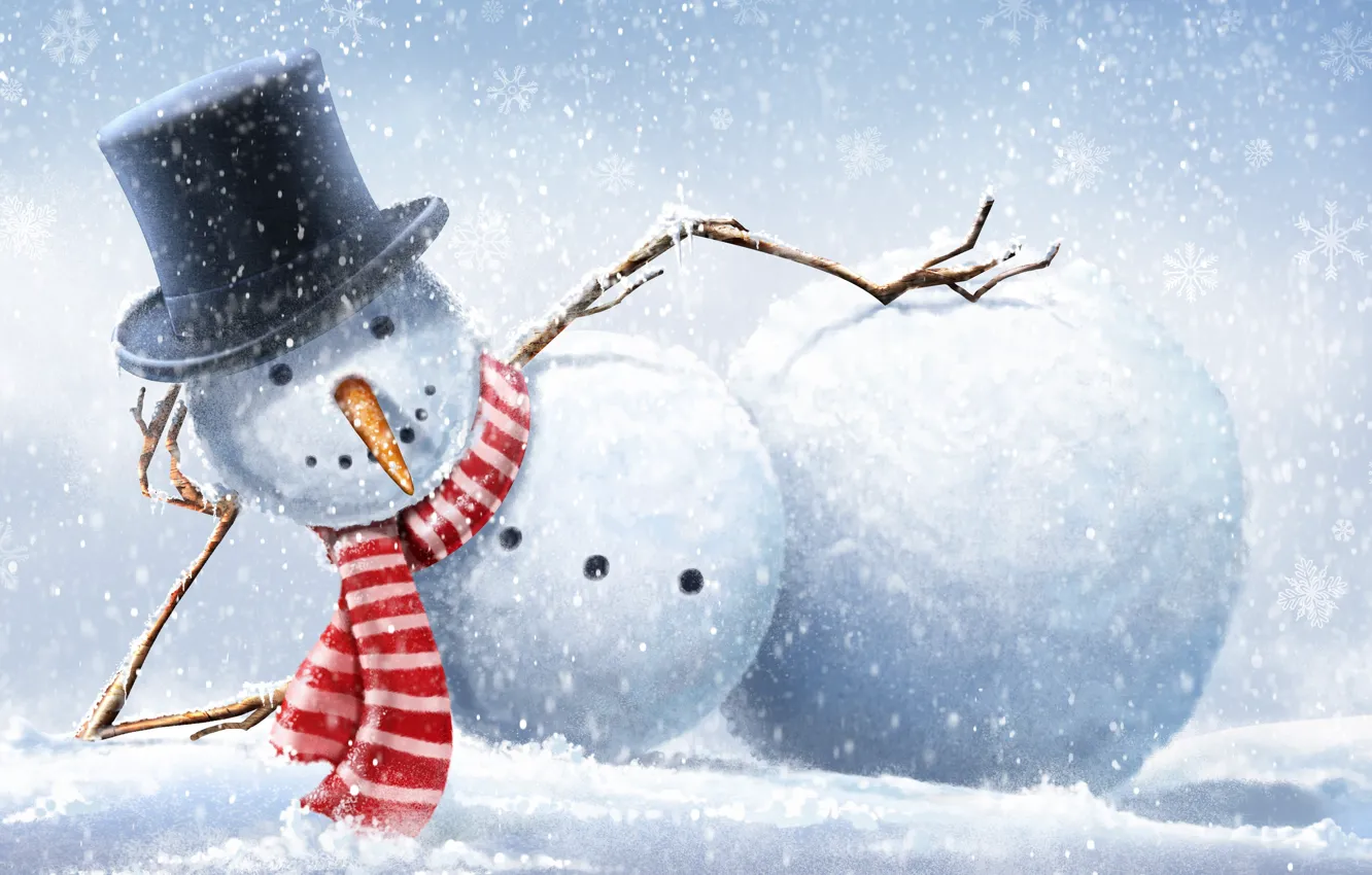 Photo wallpaper winter, snow, snowflakes, hat, scarf, snowman
